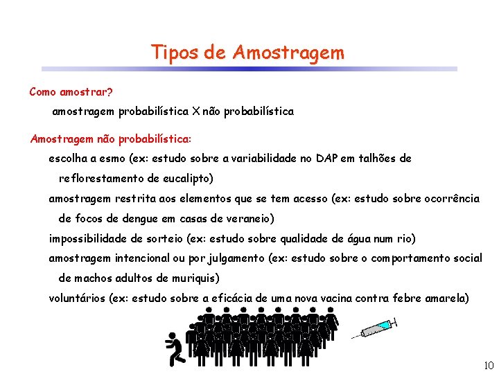 Tipos de Amostragem Como amostrar? amostragem probabilística X não probabilística Amostragem não probabilística: escolha