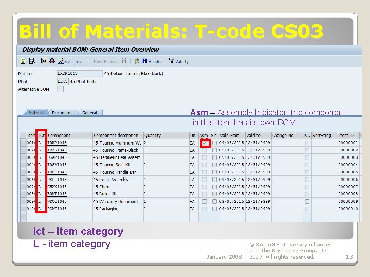 Bill of Materials: T-code CS 03 Asm – Assembly Indicator: the component in this