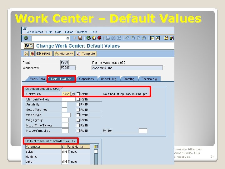 Work Center – Default Values January 2008 © SAP AG - University Alliances and