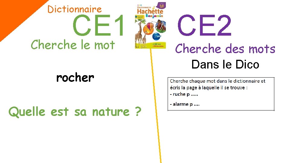 Dictionnaire CE 1 Cherche le mot rocher Quelle est sa nature ? CE 2