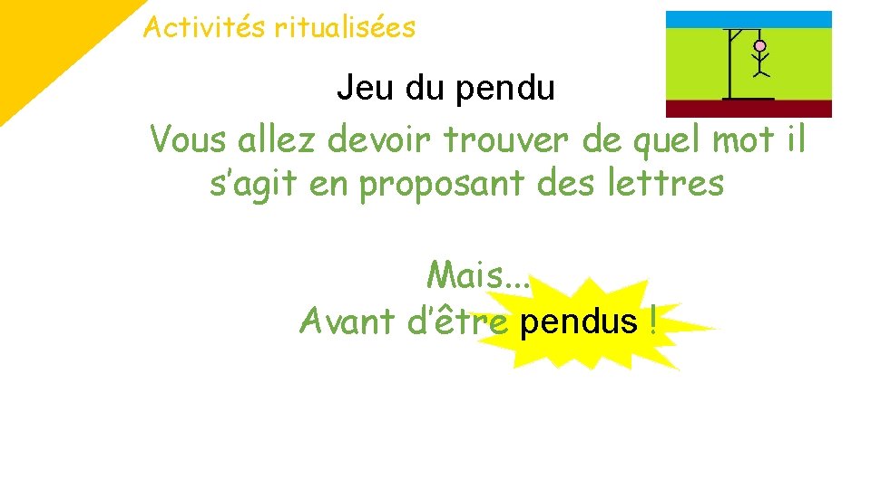 Activités ritualisées Jeu du pendu Vous allez devoir trouver de quel mot il s’agit