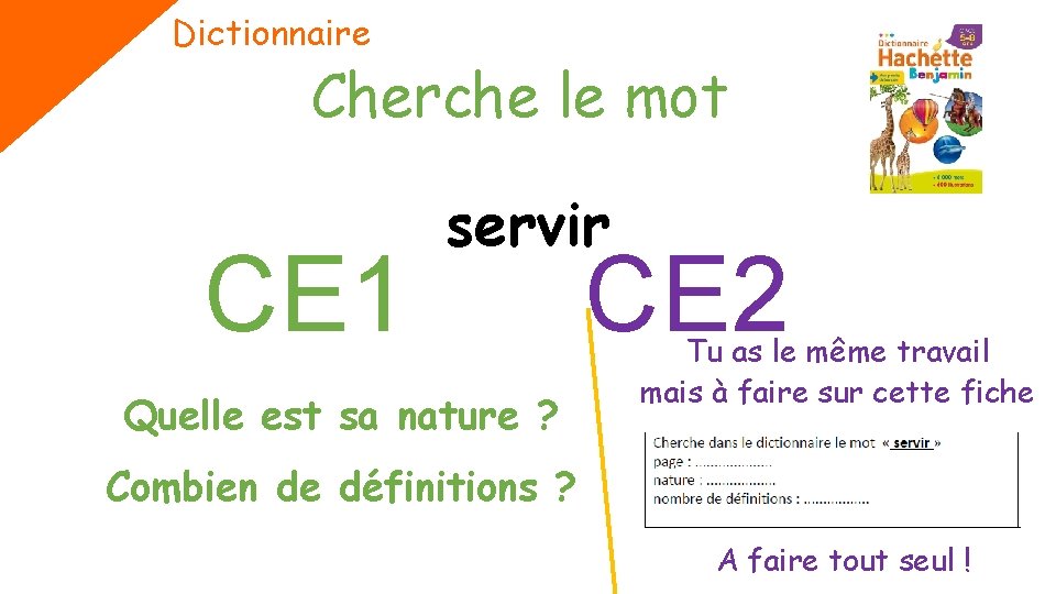 Dictionnaire Cherche le mot CE 1 servir Quelle est sa nature ? CE 2