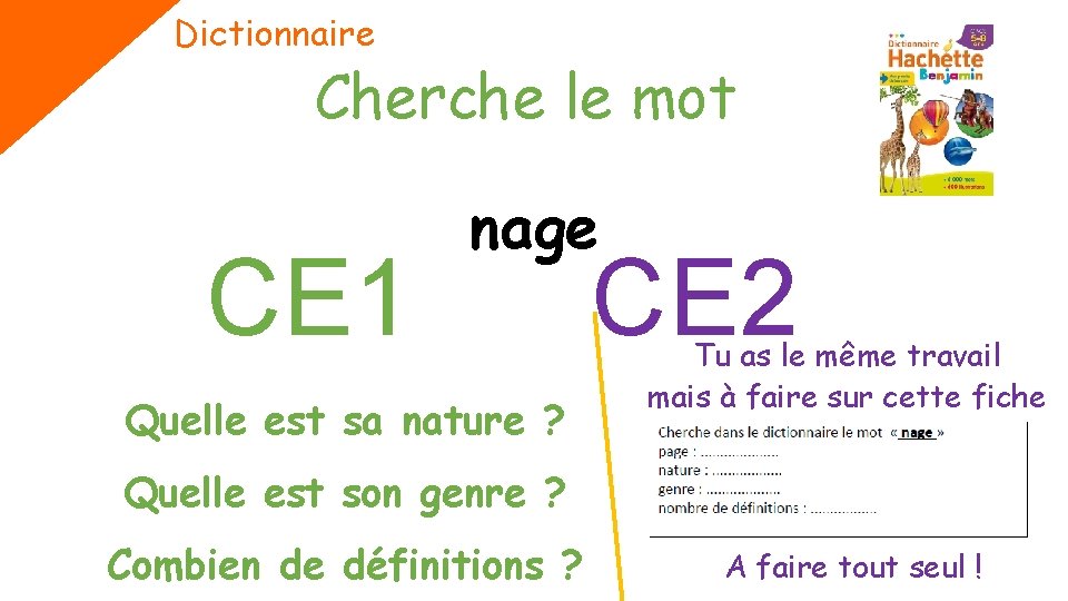 Dictionnaire Cherche le mot CE 1 nage Quelle est sa nature ? CE 2