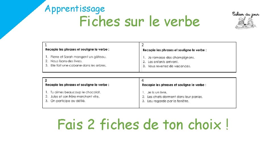 Apprentissage Fiches sur le verbe Fais 2 fiches de ton choix ! 