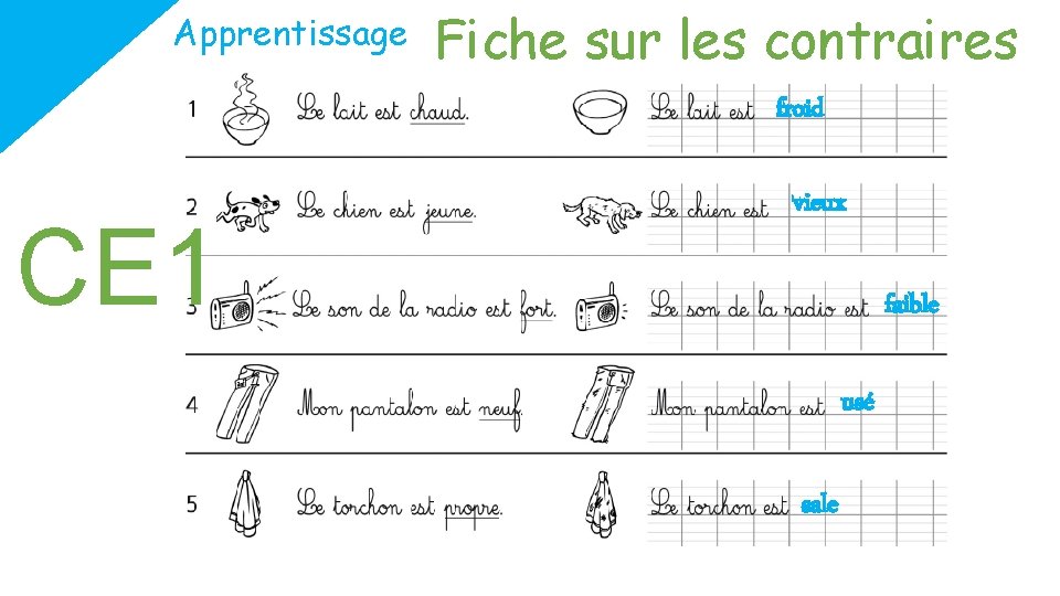 Apprentissage Fiche sur les contraires froid CE 1 vieux faible usé sale 