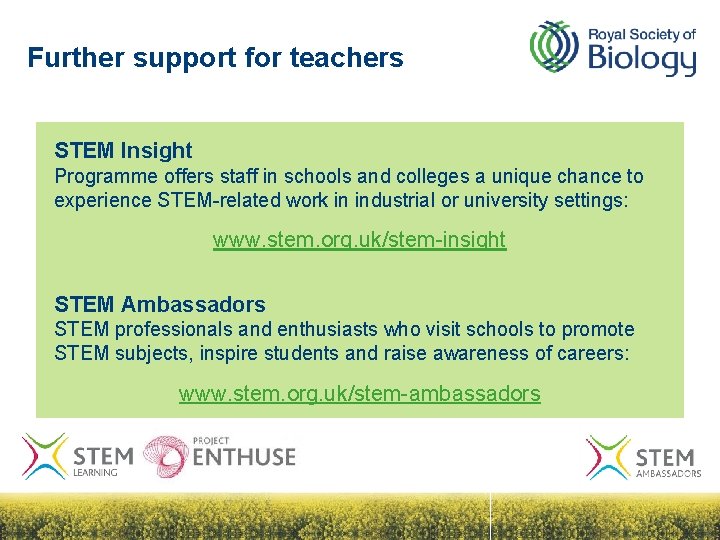 Further support for teachers STEM Insight Programme offers staff in schools and colleges a