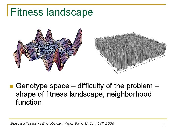 Fitness landscape Genotype space – difficulty of the problem – shape of fitness landscape,