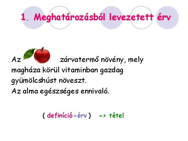 1. Meghatározásból levezetett érv Az zárvatermő növény, mely magháza körül vitaminban gazdag gyümölcshúst növeszt.