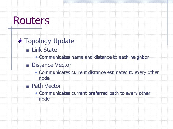 Routers Topology Update n Link State w Communicates name and distance to each neighbor