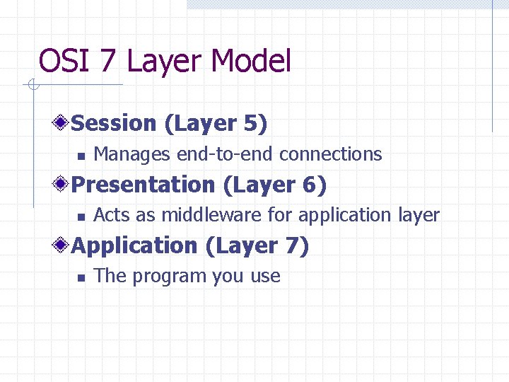 OSI 7 Layer Model Session (Layer 5) n Manages end-to-end connections Presentation (Layer 6)