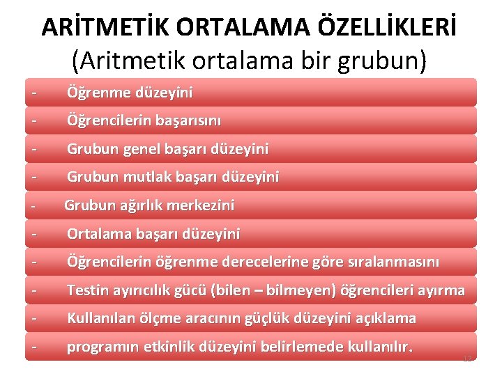 ARİTMETİK ORTALAMA ÖZELLİKLERİ (Aritmetik ortalama bir grubun) - Öğrenme düzeyini - Öğrencilerin başarısını -