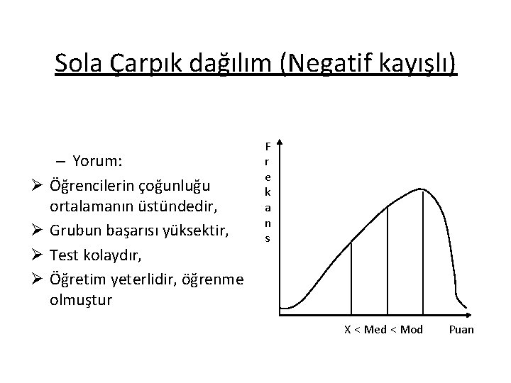 Sola Çarpık dağılım (Negatif kayışlı) Ø Ø – Yorum: Öğrencilerin çoğunluğu ortalamanın üstündedir, Grubun