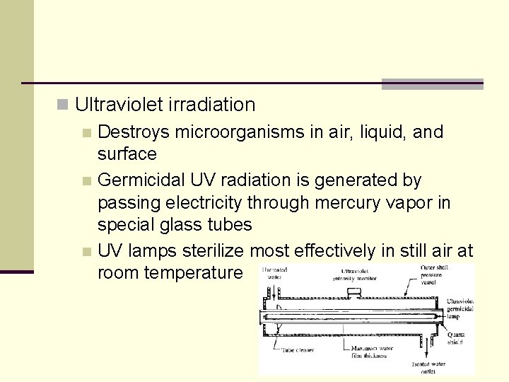 n Ultraviolet irradiation n Destroys microorganisms in air, liquid, and surface n Germicidal UV