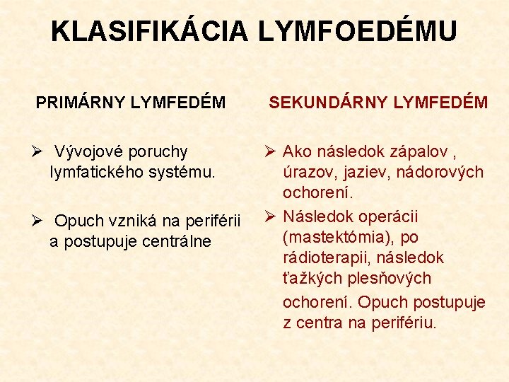 KLASIFIKÁCIA LYMFOEDÉMU PRIMÁRNY LYMFEDÉM SEKUNDÁRNY LYMFEDÉM Ø Vývojové poruchy lymfatického systému. Ø Ako následok