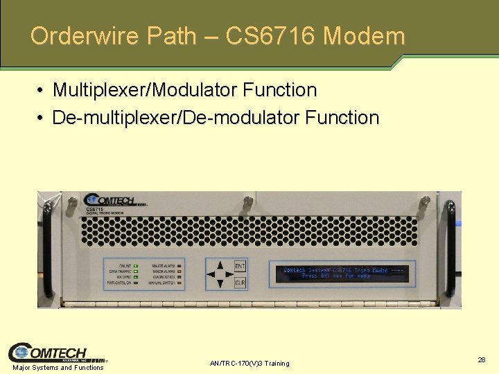 Orderwire Path – CS 6716 Modem • Multiplexer/Modulator Function • De-multiplexer/De-modulator Function Major Systems