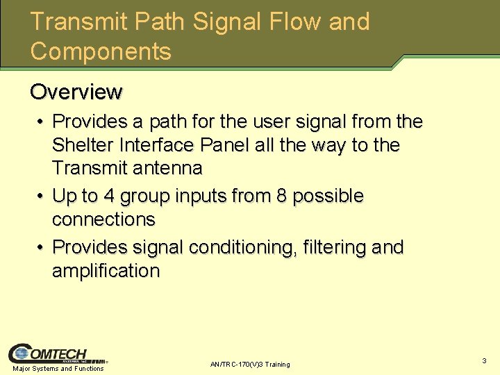 Transmit Path Signal Flow and Components Overview • Provides a path for the user