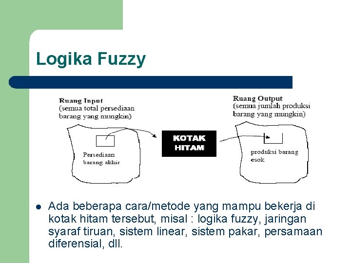 Logika Fuzzy l Ada beberapa cara/metode yang mampu bekerja di kotak hitam tersebut, misal