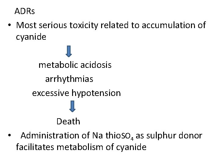ADRs • Most serious toxicity related to accumulation of cyanide metabolic acidosis arrhythmias excessive