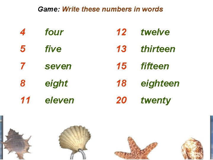 Game: Write these numbers in words 4 four 12 twelve 5 five 13 thirteen