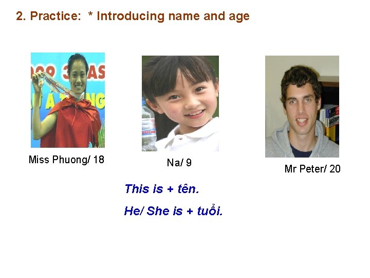 2. Practice: * Introducing name and age Miss Phuong/ 18 Na/ 9 This is