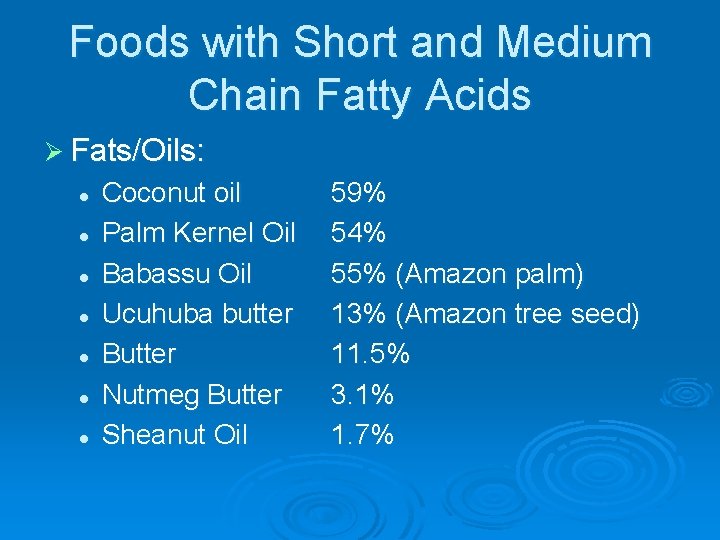 Foods with Short and Medium Chain Fatty Acids Ø Fats/Oils: l l l l