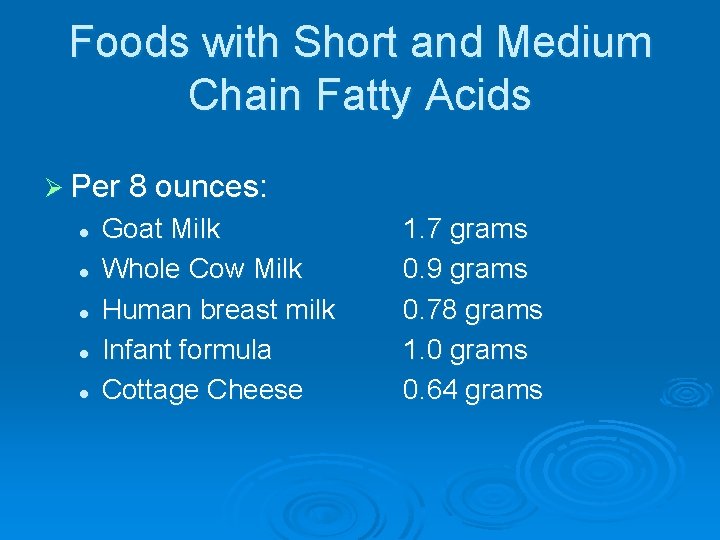 Foods with Short and Medium Chain Fatty Acids Ø Per 8 ounces: l l