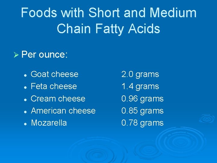 Foods with Short and Medium Chain Fatty Acids Ø Per ounce: l l l