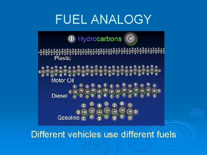 FUEL ANALOGY Different vehicles use different fuels 