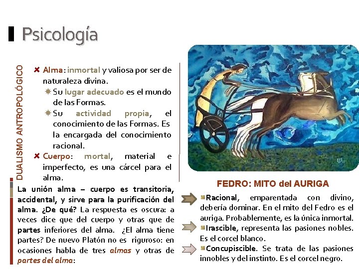 DUALISMO ANTROPOLÓGICO Psicología Alma: inmortal y valiosa por ser de naturaleza divina. Su lugar