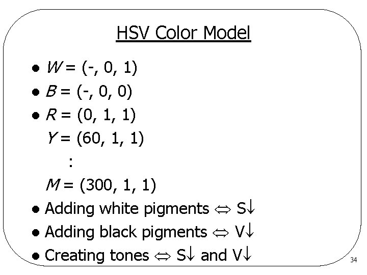 HSV Color Model W = (-, 0, 1) l B = (-, 0, 0)