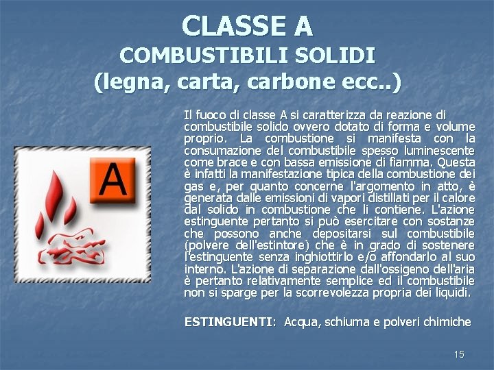 CLASSE A COMBUSTIBILI SOLIDI (legna, carta, carbone ecc. . ) Il fuoco di classe