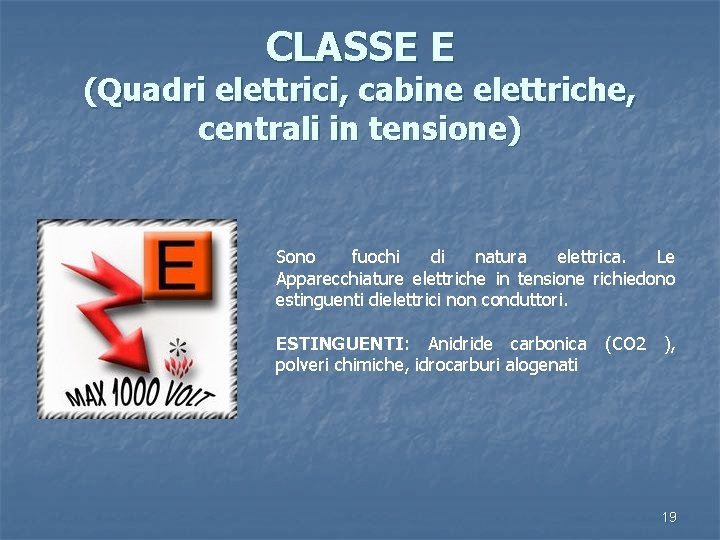 CLASSE E (Quadri elettrici, cabine elettriche, centrali in tensione) Sono fuochi di natura elettrica.