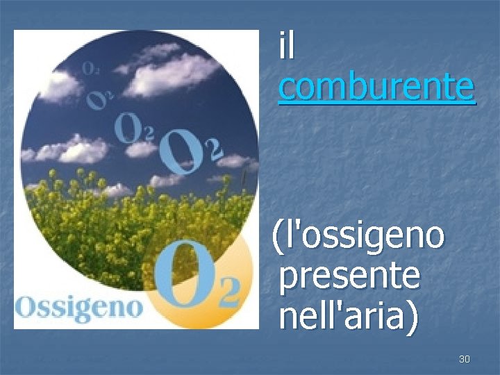 il comburente (l'ossigeno presente nell'aria) 30 