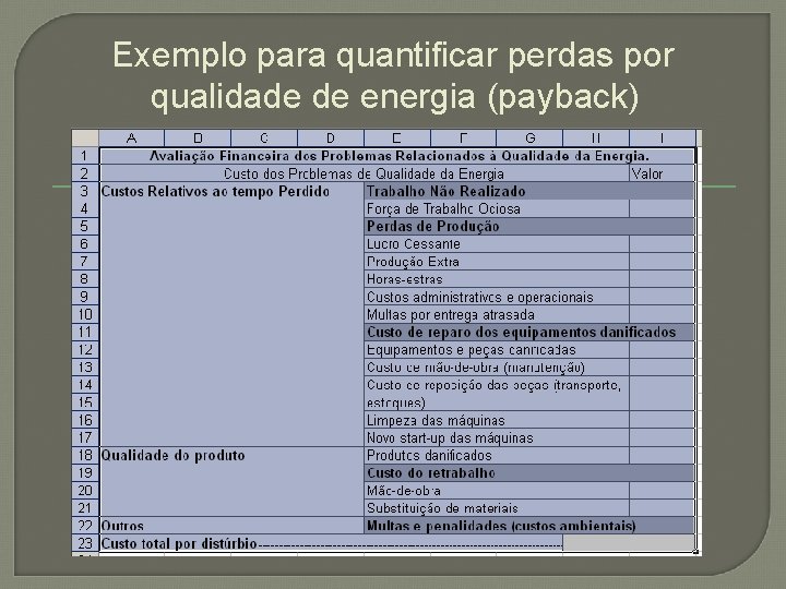 Exemplo para quantificar perdas por qualidade de energia (payback) 