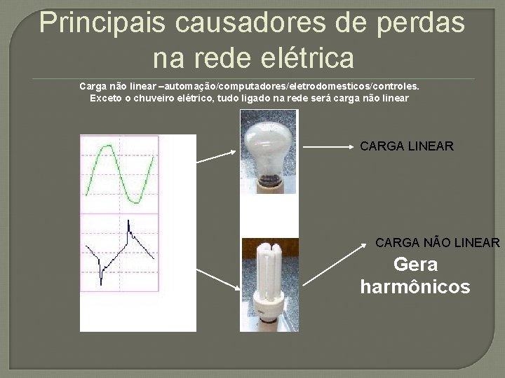 Principais causadores de perdas na rede elétrica Carga não linear –automação/computadores/eletrodomesticos/controles. Exceto o chuveiro