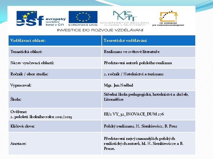 Vzdělávací oblast: Teoretické vzdělávání Tematická oblast: Realismus ve světové literatuře Název vyučovací oblasti: Představení