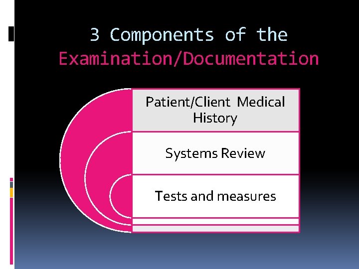 3 Components of the Examination/Documentation Patient/Client Medical History Systems Review Tests and measures 3 Components of the Examination/Documentation Patient/Client Medical History Systems Review Tests and measures