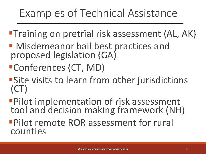 Examples of Technical Assistance §Training on pretrial risk assessment (AL, AK) § Misdemeanor bail