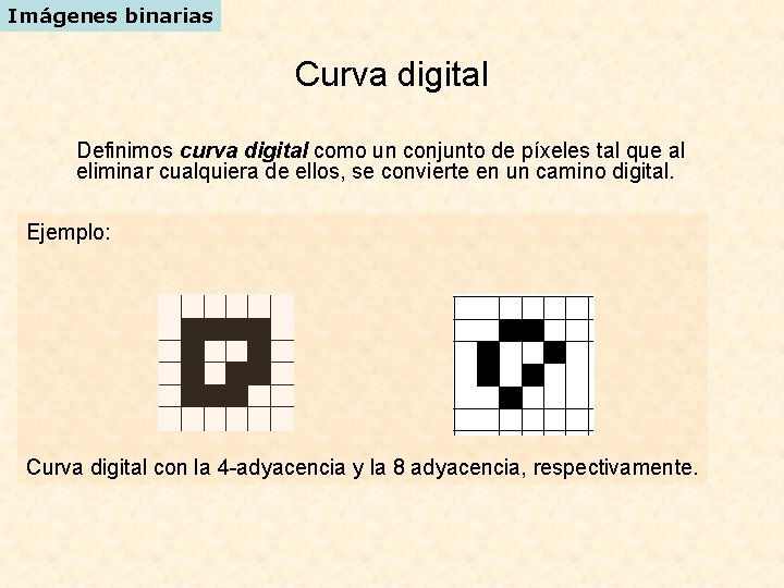 Imágenes binarias Curva digital Definimos curva digital como un conjunto de píxeles tal que