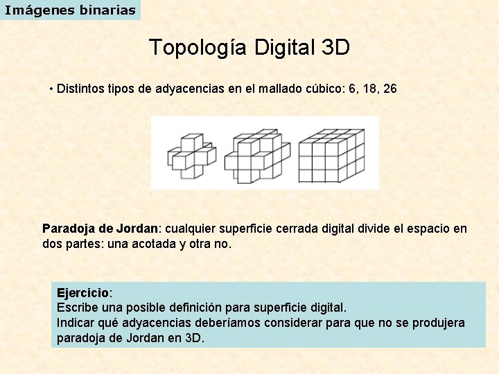 Imágenes binarias Topología Digital 3 D • Distintos tipos de adyacencias en el mallado