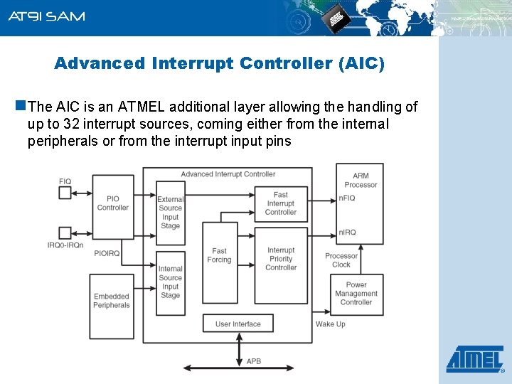 Advanced Interrupt Controller (AIC) n The AIC is an ATMEL additional layer allowing the