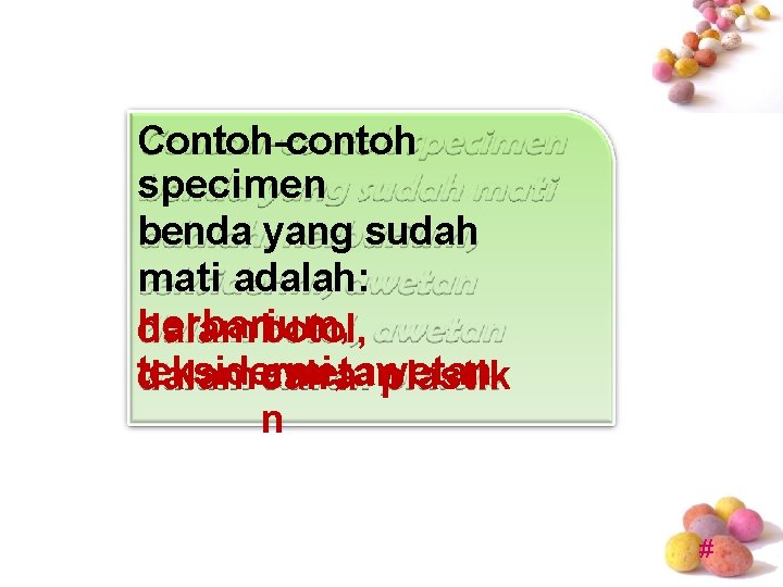 Contoh-contoh specimen benda yang sudah mati adalah: herbarium, dalam botol, teksidermi, dalam awetan cairaawetan Contoh-contoh specimen benda yang sudah mati adalah: herbarium, dalam botol, teksidermi, dalam awetan cairaawetan
