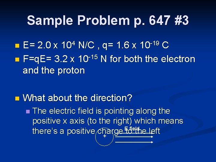 Sample Problem p. 647 #3 E= 2. 0 x 104 N/C , q= 1.