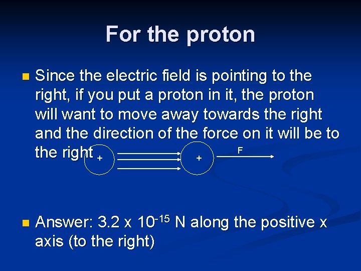 For the proton n Since the electric field is pointing to the right, if