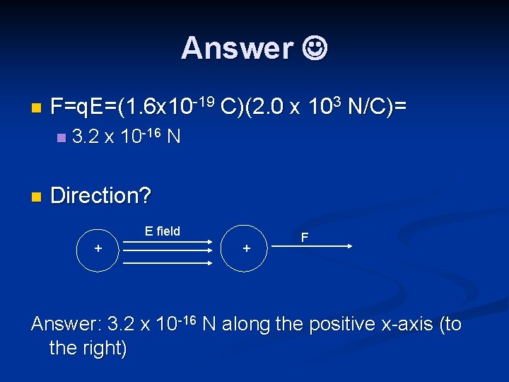 Answer n F=q. E=(1. 6 x 10 -19 C)(2. 0 x 103 N/C)= n