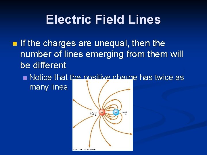 Electric Field Lines n If the charges are unequal, then the number of lines