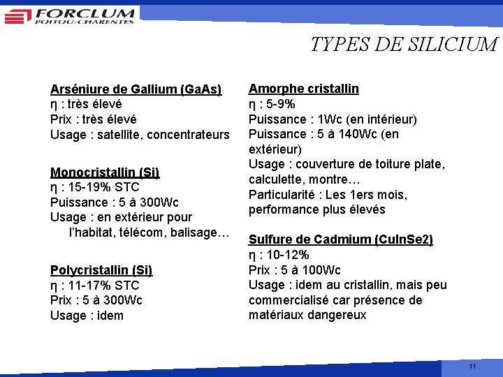 TYPES DE SILICIUM Arséniure de Gallium (Ga. As) η : très élevé Prix :