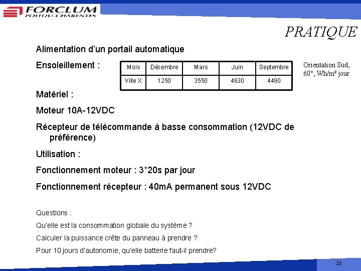 PRATIQUE Alimentation d’un portail automatique Ensoleillement : Mois Décembre Mars Juin Septembre Ville X