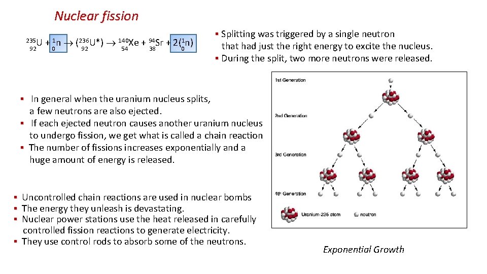 Nuclear fission 235 U + 1 n (236 U*) 140 Xe + 94 Sr