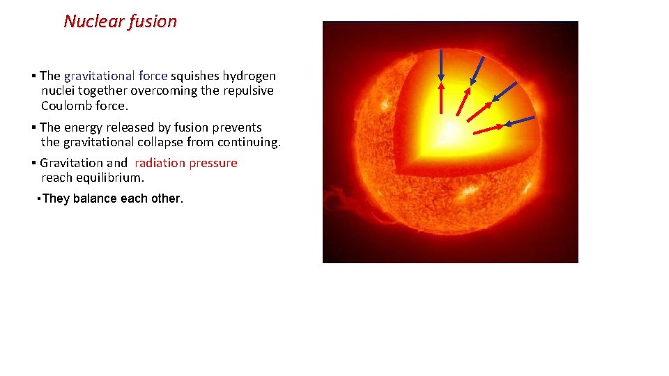 Nuclear fusion ▪ The gravitational force squishes hydrogen nuclei together overcoming the repulsive Coulomb